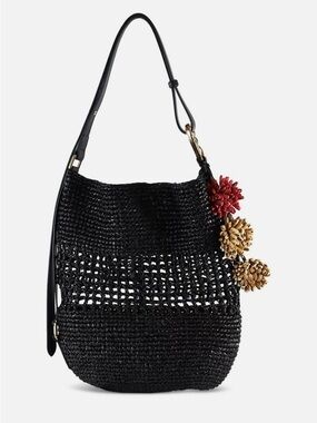 Sam Edelman Marcie Open Weave Raffia Bucket Bag Black Gold